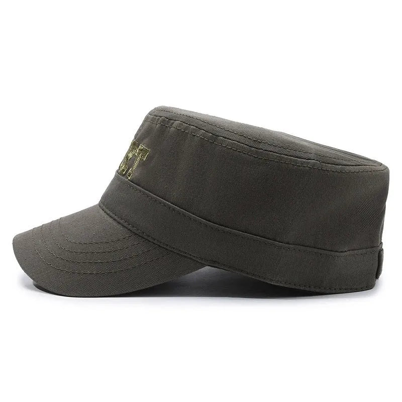 Men's cotton flat-top peaked cap in adjustable size, shown in dark blue army green colour.