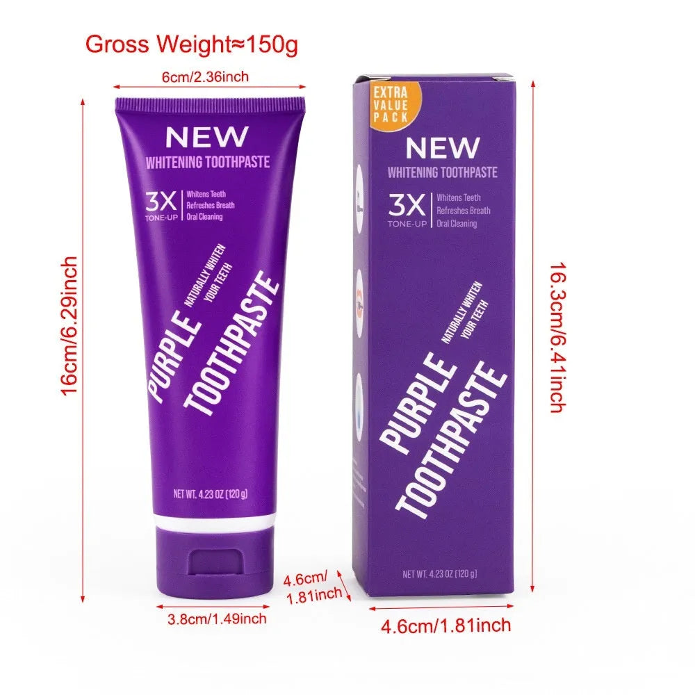 Purple whitening toothpaste tube for adults to remove yellow stains, showing 120g and 65g size options