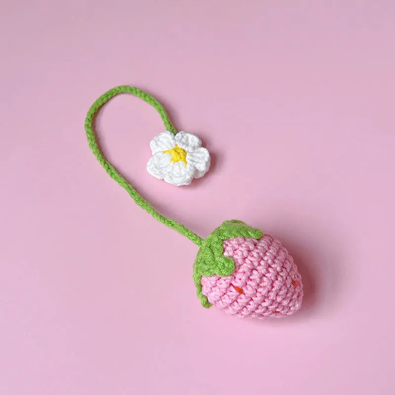 Wool crochet strawberry pendant necklace in pink or red colour with 35cm length