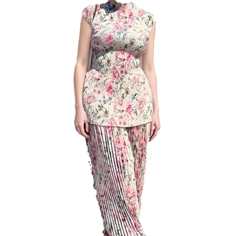 Long sleeve printed chiffon top and matching high-waist skirt set for women.