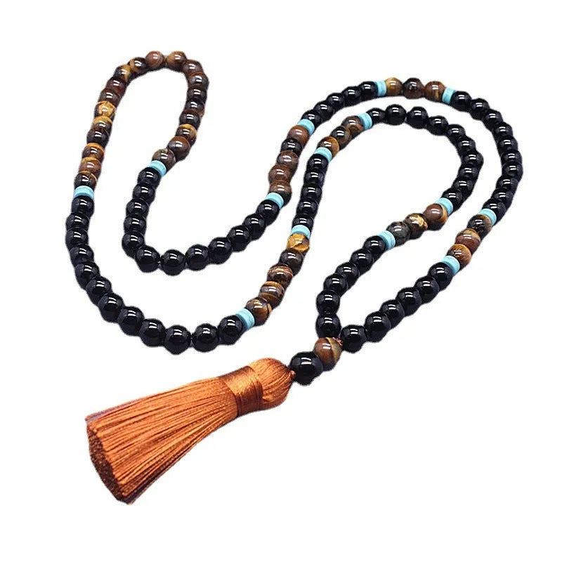 Black agate bracelet and tiger shape stone necklace set with geometric designs