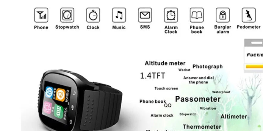 A black Bluetooth sports watch with a digital display, shown on a wrist.