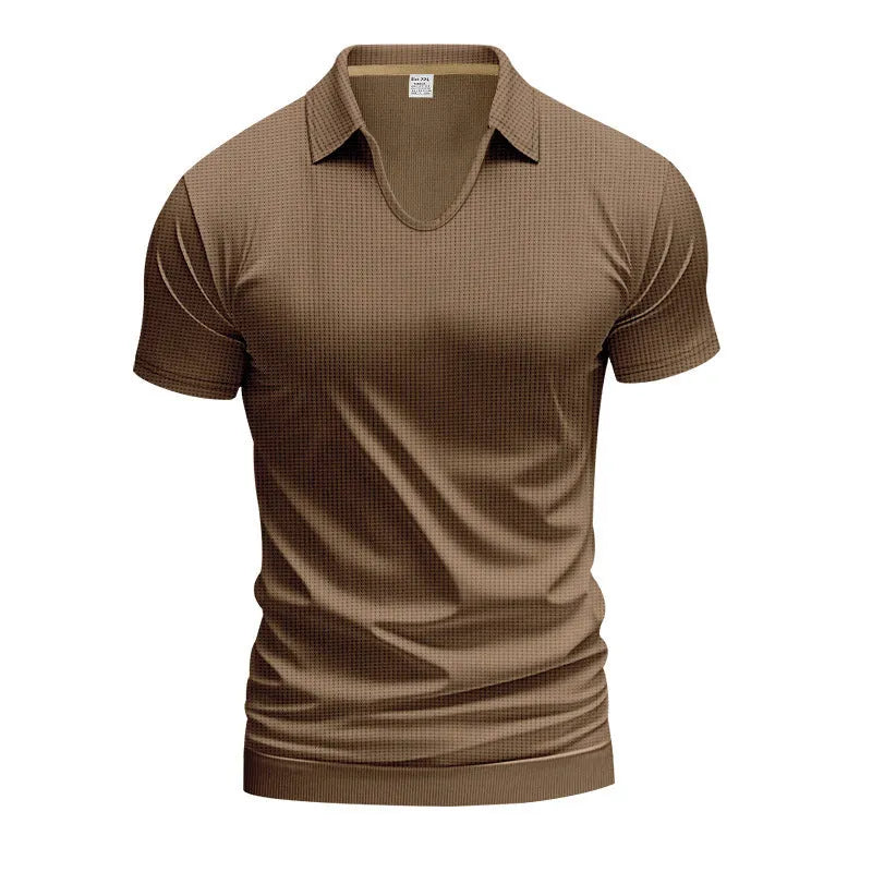 Men's loose fit V-neck short sleeve T-shirt in cotton blend fabric shown in apricot colour