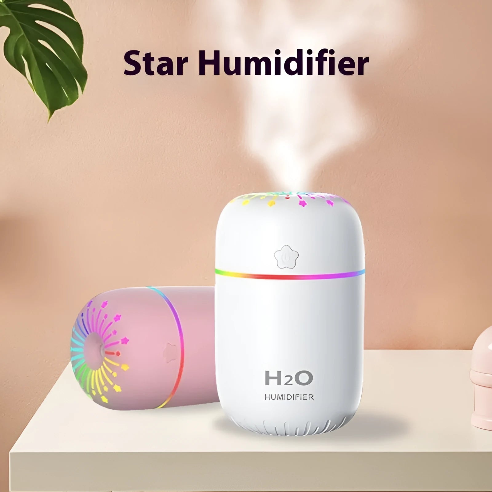 White USB mini humidifier with 300ml water tank measuring 75x75x116mm