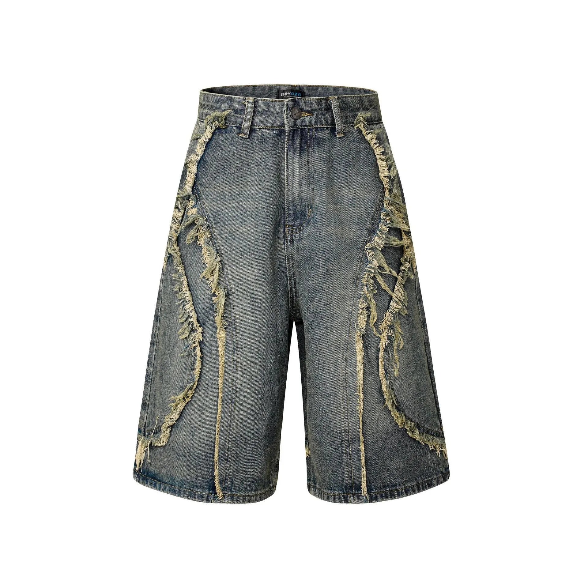 Distressed denim shorts with raw edge detailing in straight cut and cropped leg length