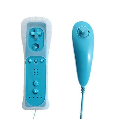 Wii wireless left and right gamepad controller set showing black, light blue, pink, red and white colour options