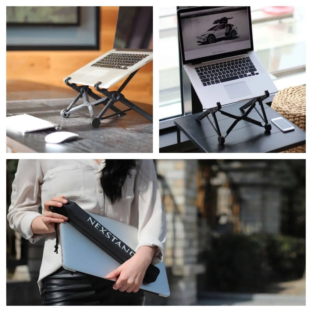 Sagacious black portable folding computer bracket with adjustable height mechanism for laptops and tablets