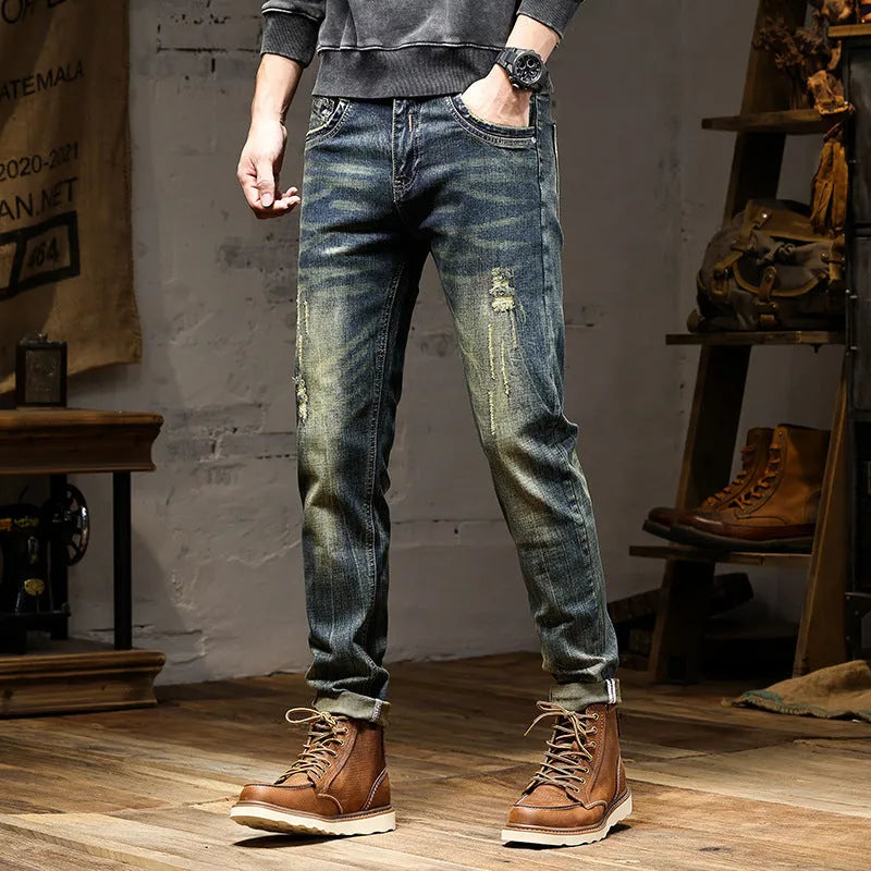 Men's skinny fit jeans in a retro colour with a zip fly, made from stretch cotton denim.