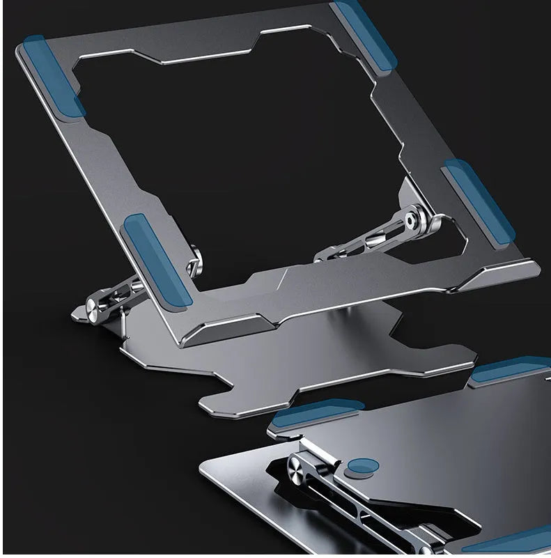 Adjustable aluminum laptop stand in grey colour showing folding design and hollow construction