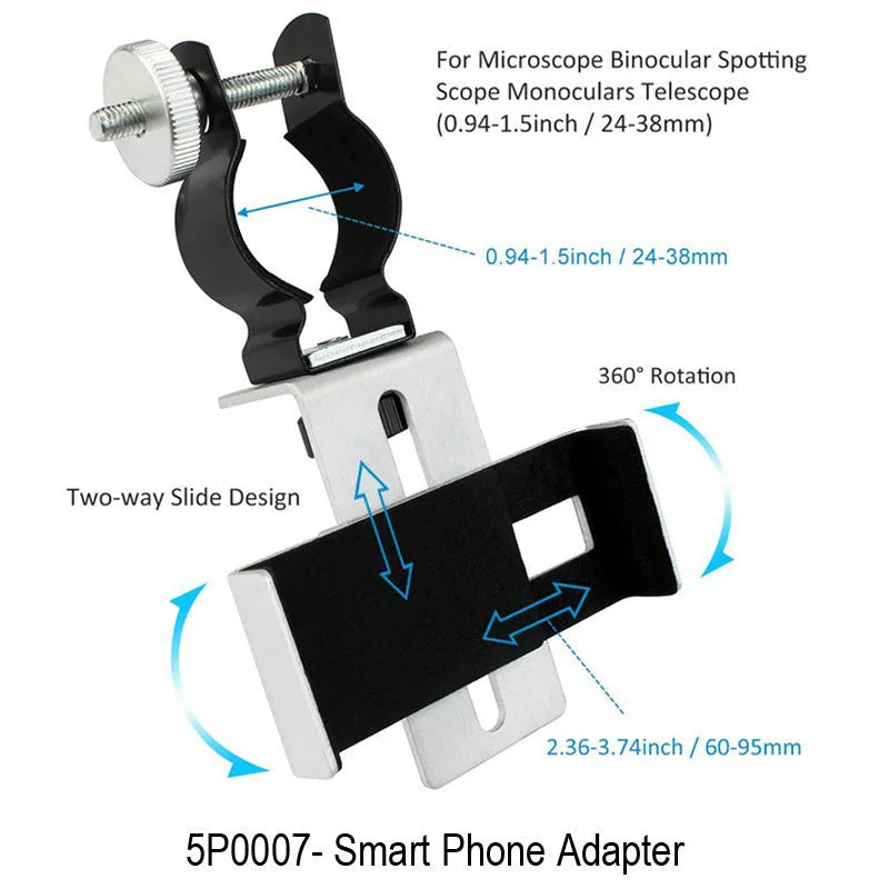 Black and silver smart phone adapter with adjustable metal frame and rubber clip for phones 60-95 mm wide