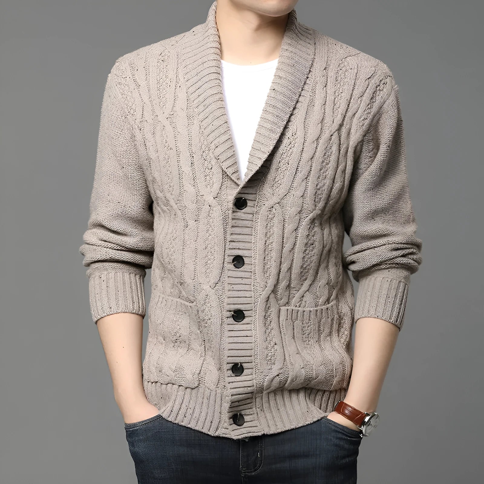 Men's Korean style jacquard knitted cardigan jacket in dark grey
