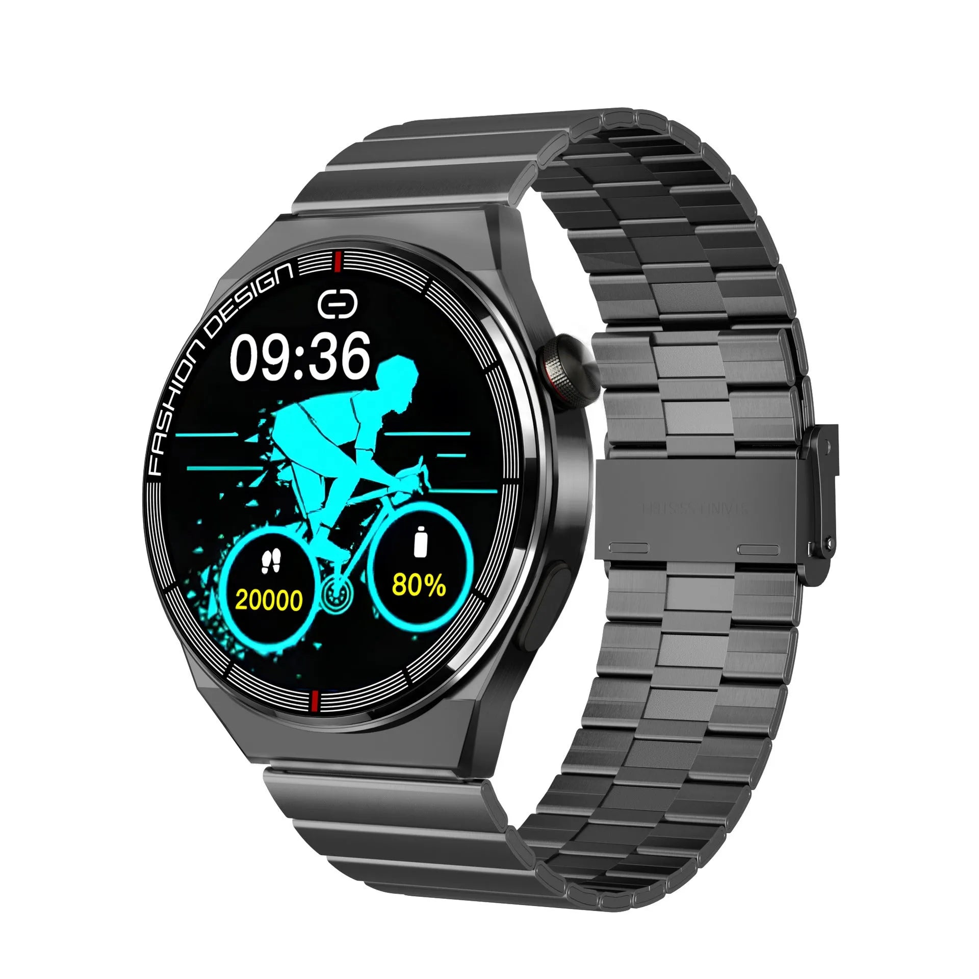 46mm smartwatch with black case and silicone strap showing health metrics on 1.28-inch screen