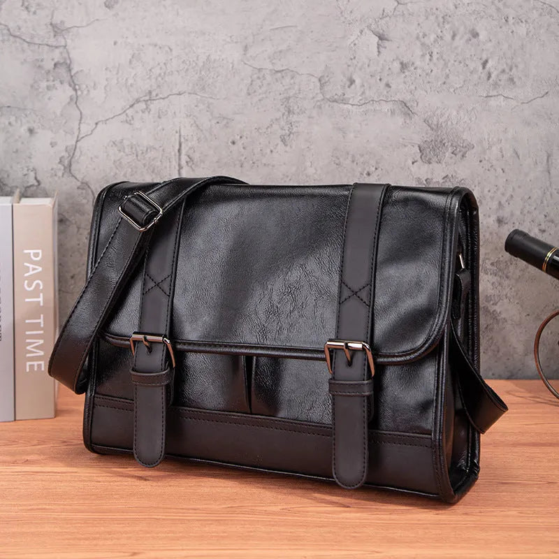 Black Korean style men's backpack with anti-theft function and PU leather construction