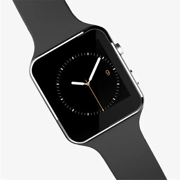 Black smart watch with 1.54 inch HD touch screen and silicone strap on a wrist.