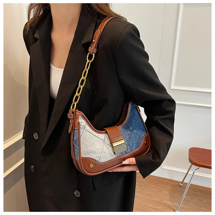 Brown denim women's shoulder bag with diamond mesh pattern and chain strap details