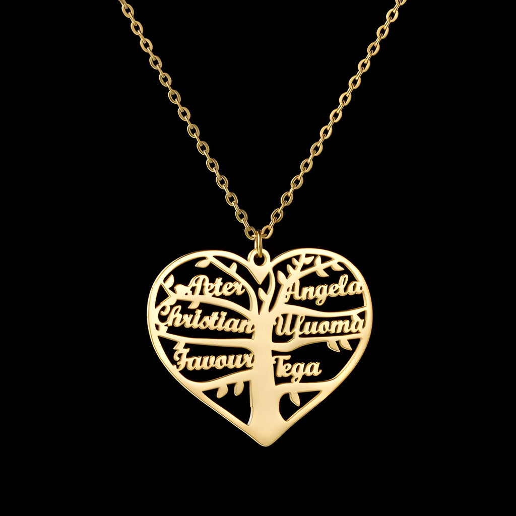 Personalised name necklace with hollow heart and tree pendant in silver, gold, or rose gold on a metal chain.