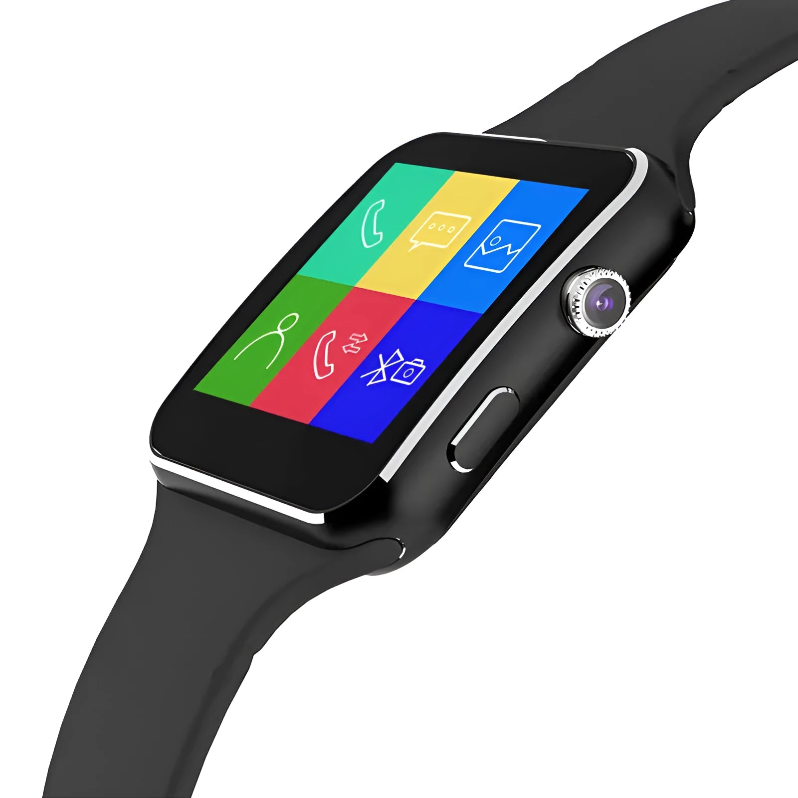 Black smart watch with 1.54 inch HD touch screen and silicone strap on a wrist.