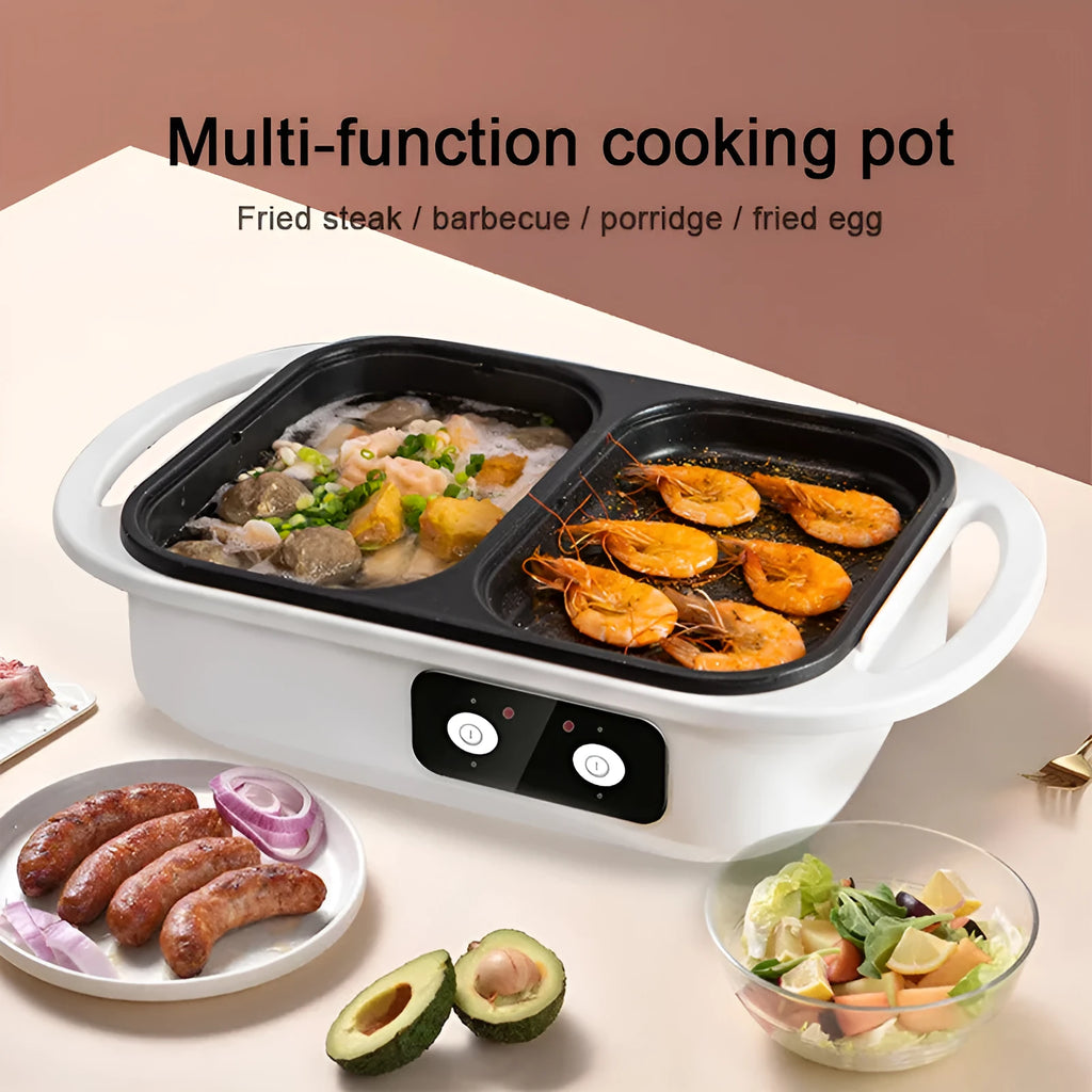 White and green dual-function electric frying oven and hot pot appliance on a kitchen counter.