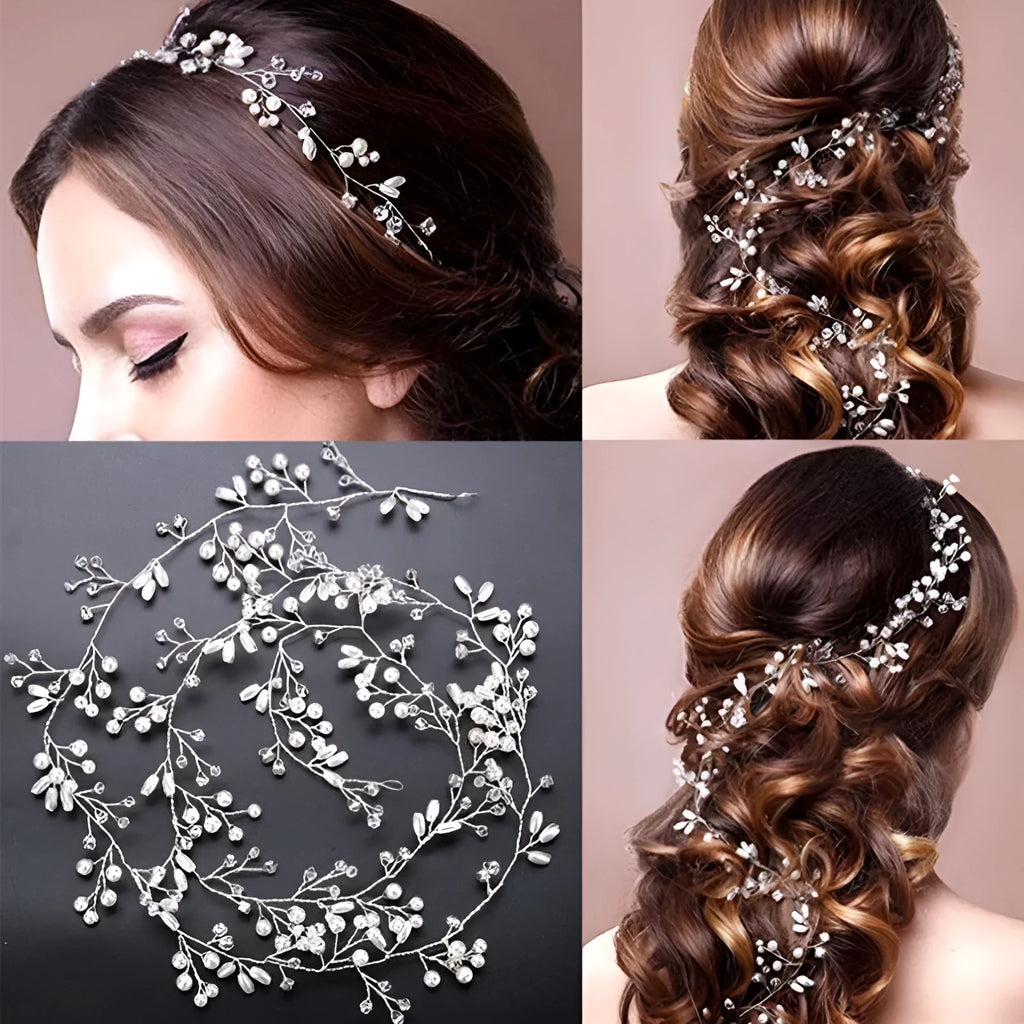 Bride's long hair band with pearls and crystals on a gold-coloured wire, shown coiled.