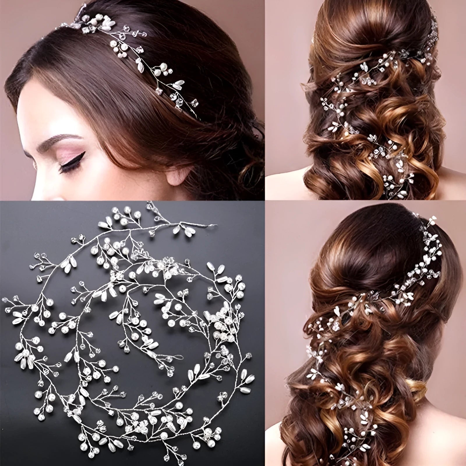 Bride's long hair band with pearls and crystals on a gold-coloured wire, shown coiled.