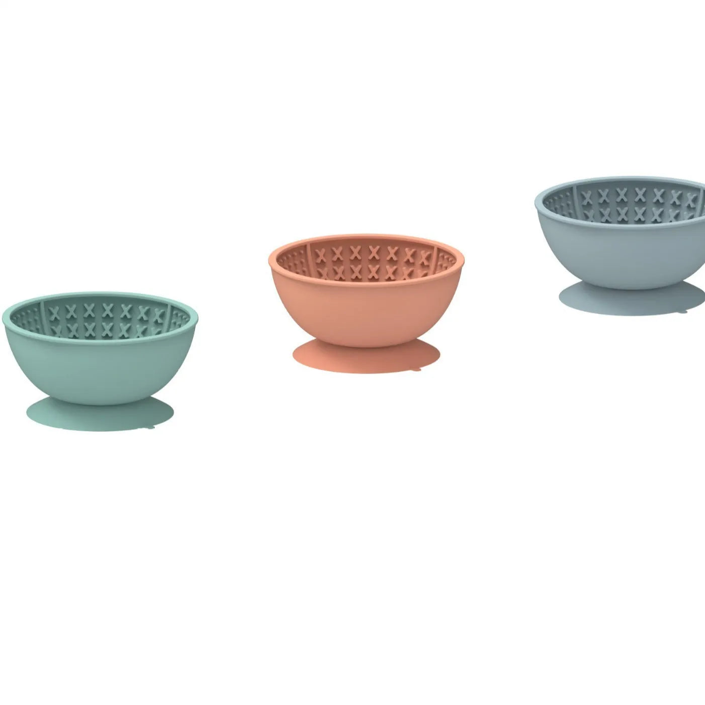 Cyan silicone slow feeding bowl for pets with suction cup base on a flat surface.