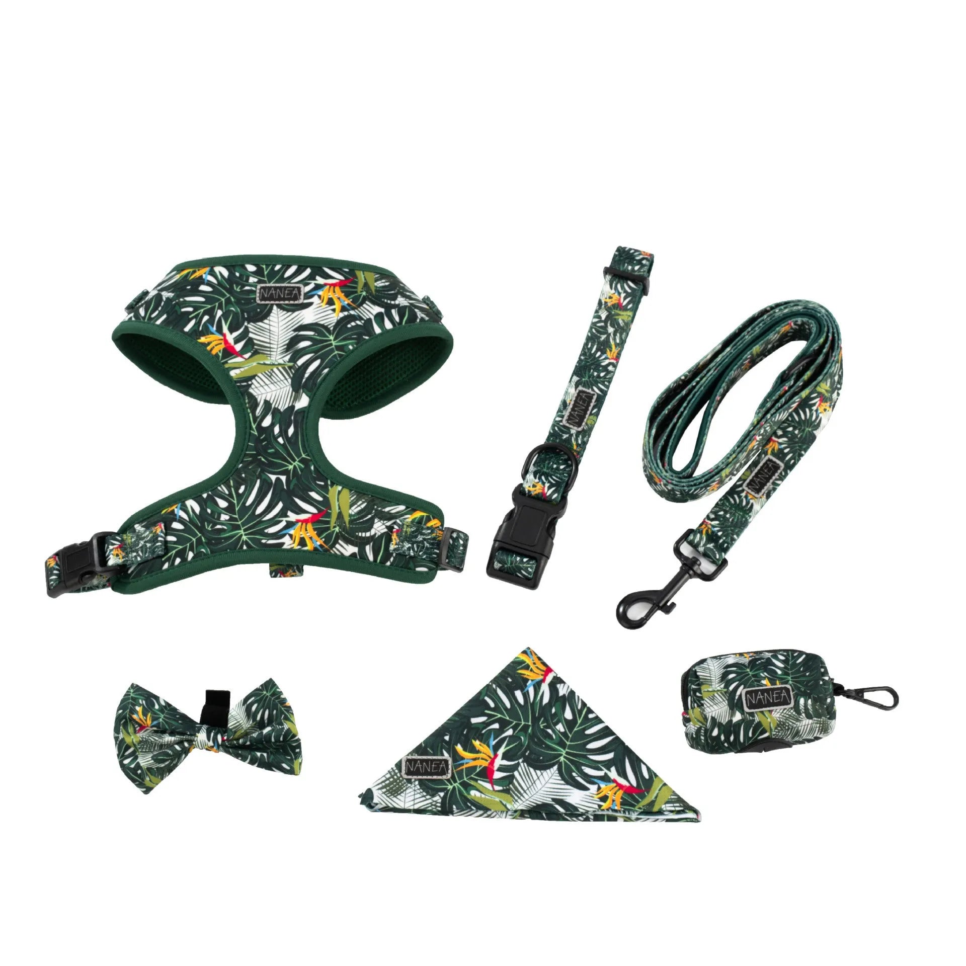 Adjustable cloth dog harness set with leash, collar, waste bag and decorative accessories in six-piece package