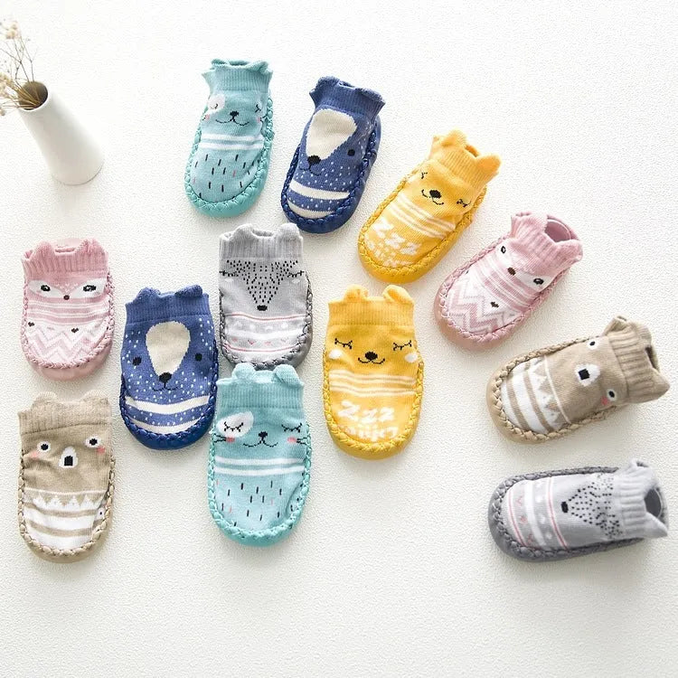 Baby floor socks in pink with anti-slip sole, combed cotton jacquard weave, size 11cm