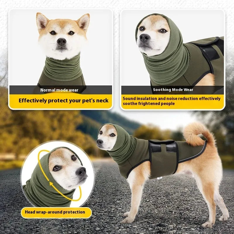 Army green dog anti-anxiety jacket made from lightweight polyester fabric for calming pets