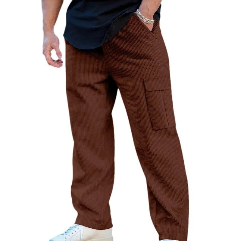 Men's corduroy cargo trousers in straight-leg design with micro-elastic waist and drawstring closure