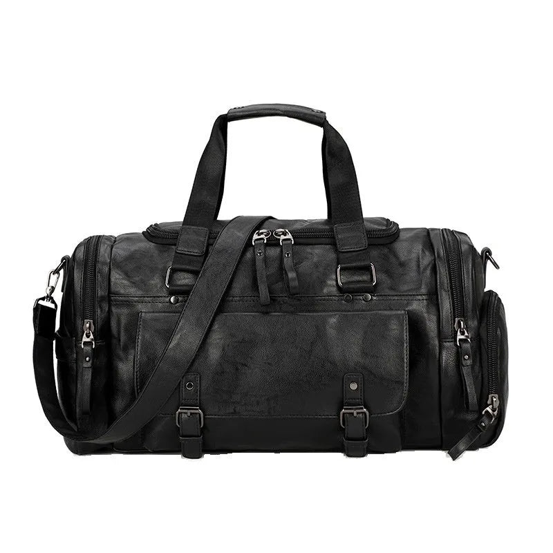 Large black travel bag with shoe compartment, made from waterproof PU material.