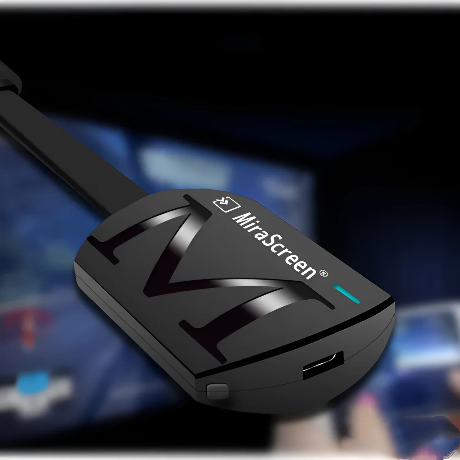 Black smart TV dongle for screen mirroring smartphones to television with HDMI output