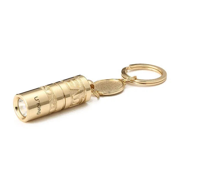 Gold zinc alloy emergency keychain flashlight with LED light and keyring attachment