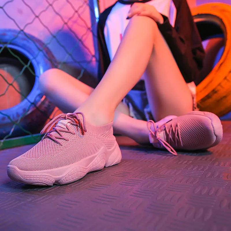 Women's white thick-soled woven sports shoes with front strap and rubber sole