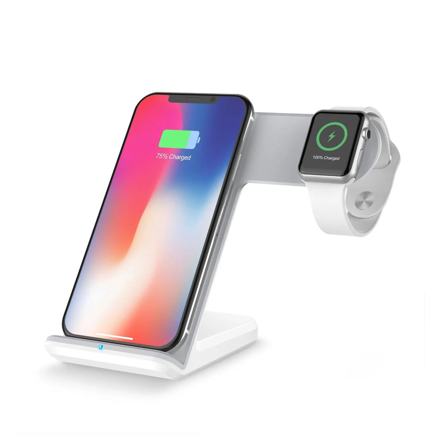 Black and white wireless phone charger with Type-C cable showing compact dimensions