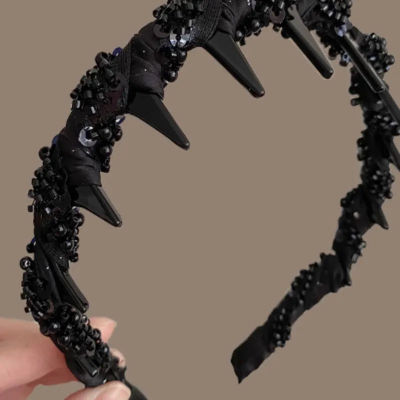 French velvet crystal wave hair pressing headband in black hand-beaded design with non-slip high head construction