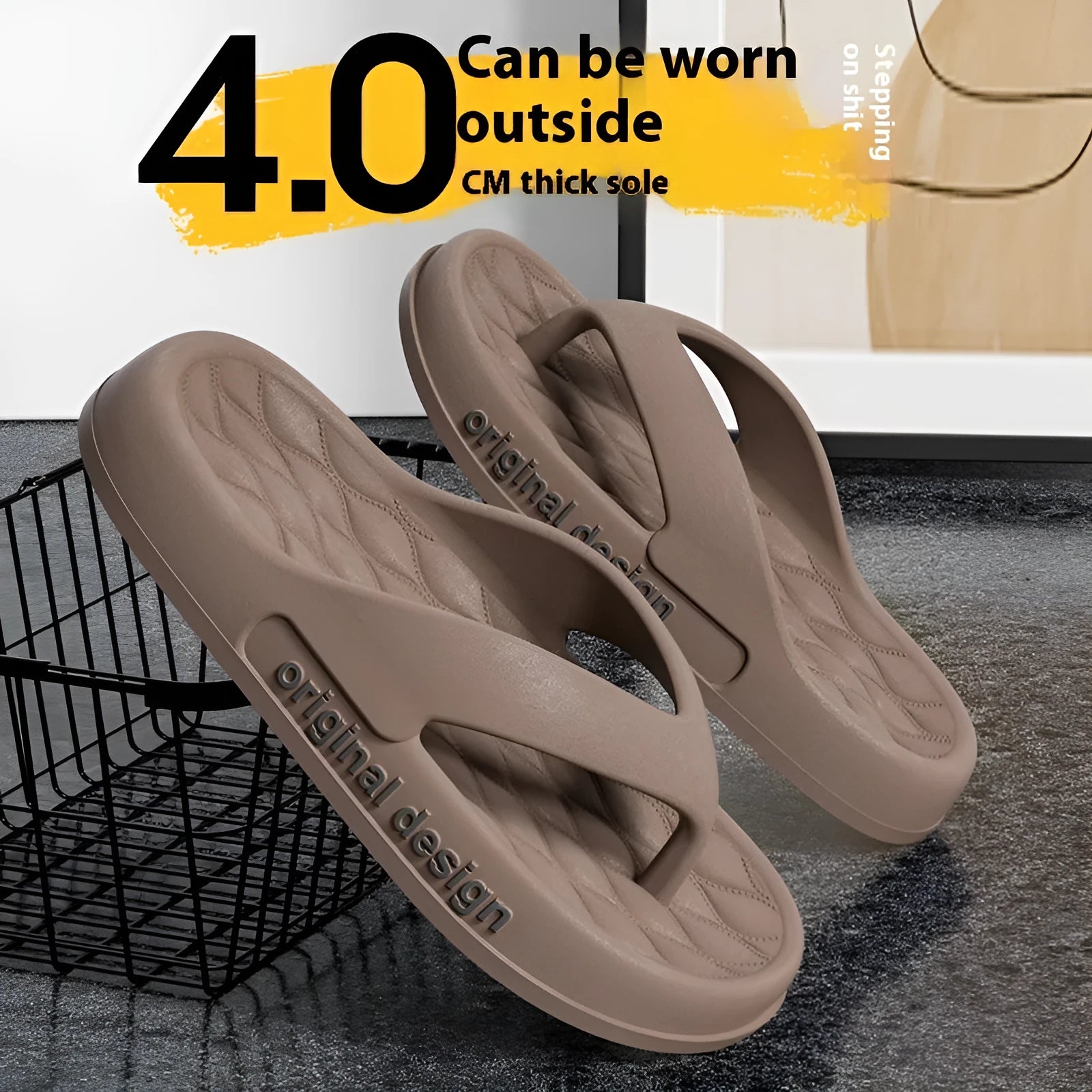 Men's EVA flip flops in multiple colours on a beach background