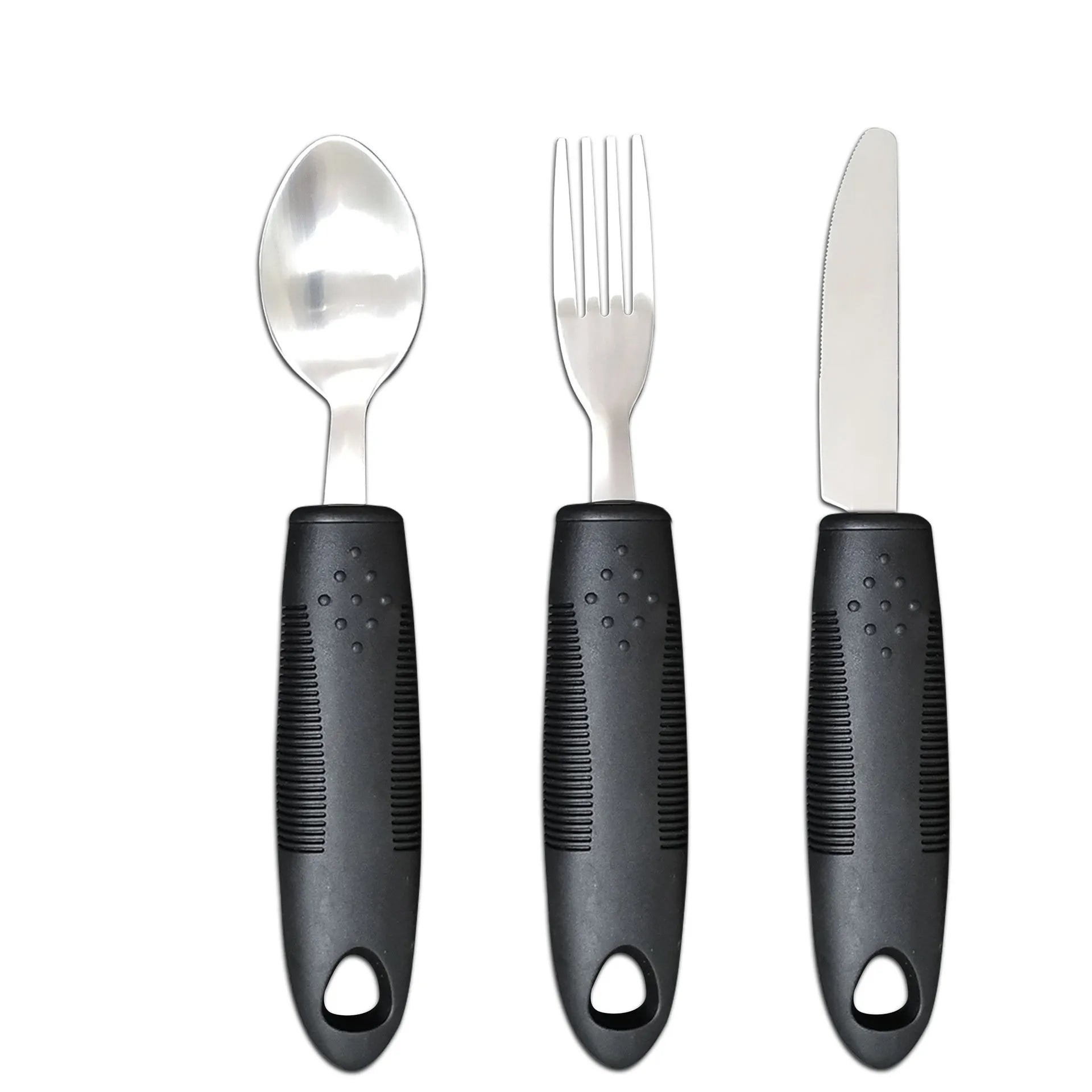 Stainless steel adaptive tableware with rubber handles in black and grey curved and straight designs