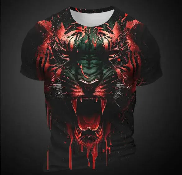 Man wearing a black T-shirt with a detailed 3D tiger graphic print on the chest.