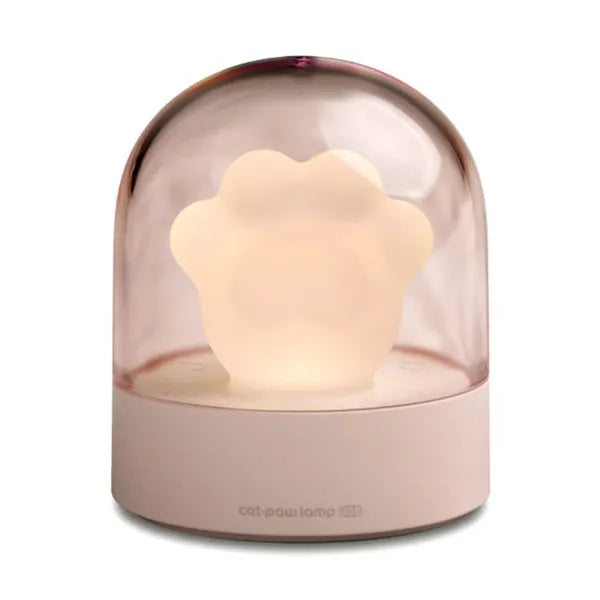 Grey or pink cat paw shaped USB rechargeable night light with musical functions on wooden desktop