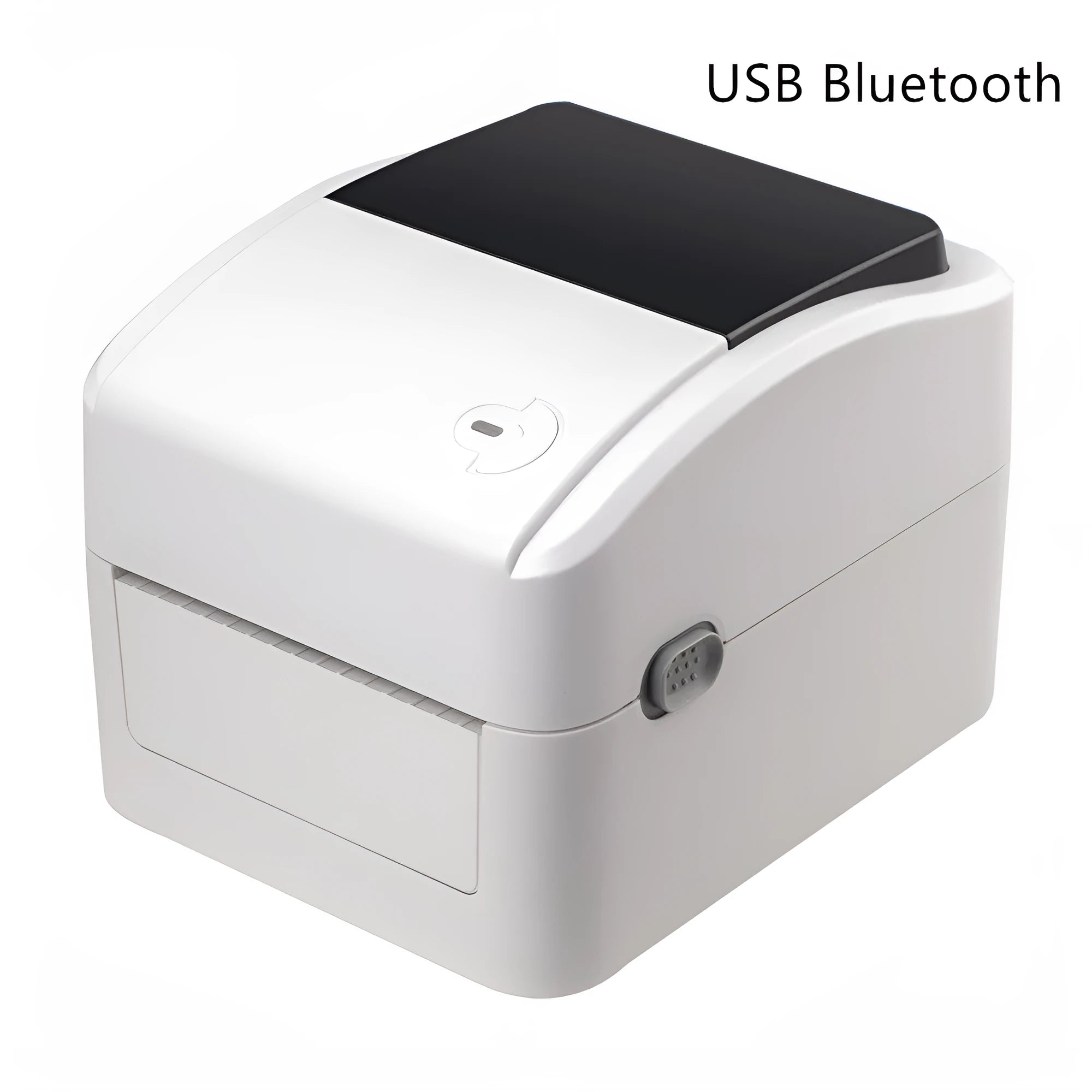 Thermal barcode printer with compact body and paper loading container, black finish, for label printing