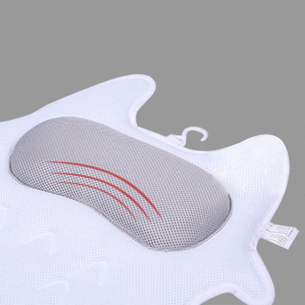 White ergonomic bathtub pillow with 5D mesh fabric and 55mm suction cups, 45cm square