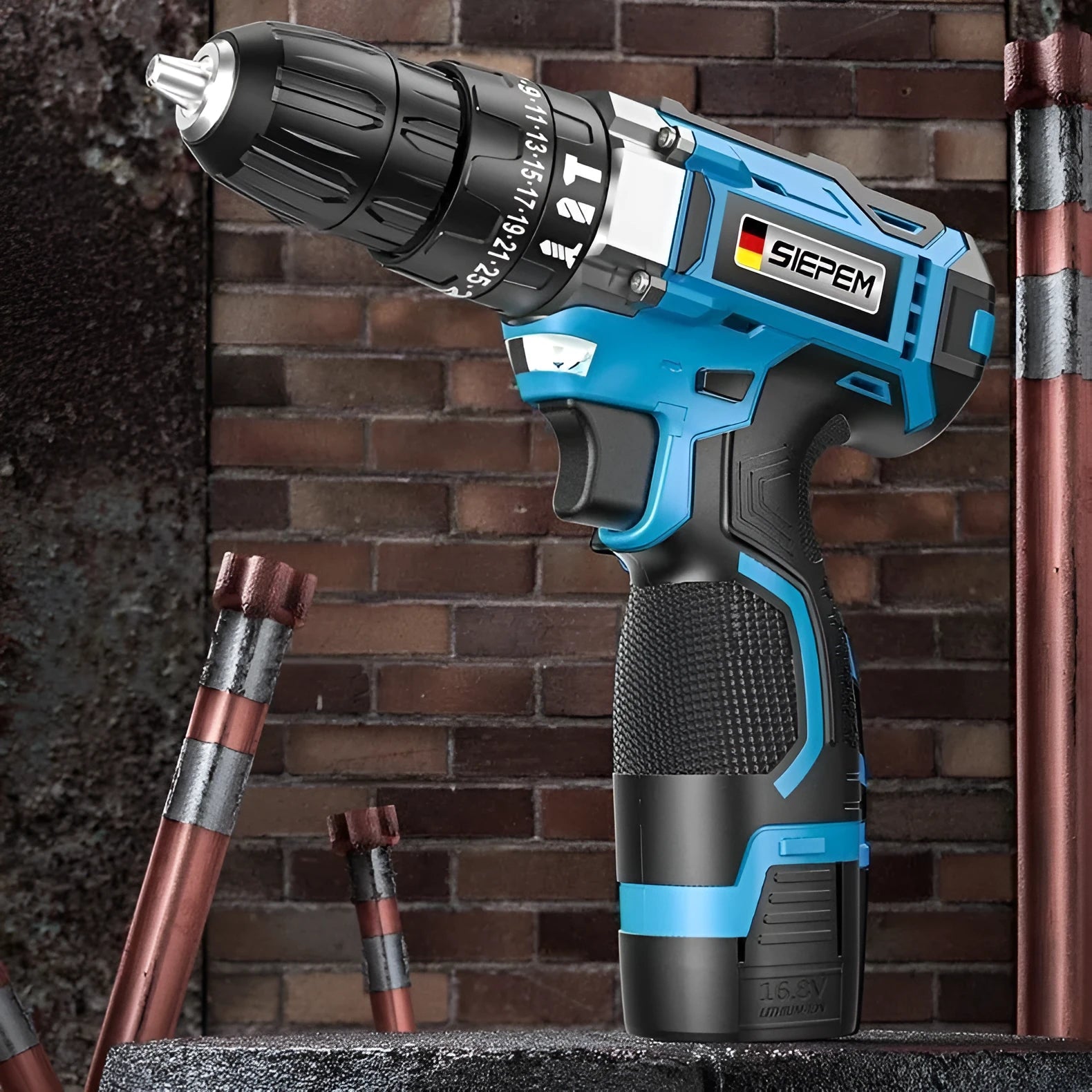 12V two-speed impact pistol drill and electric screwdriver set in a plastic storage box