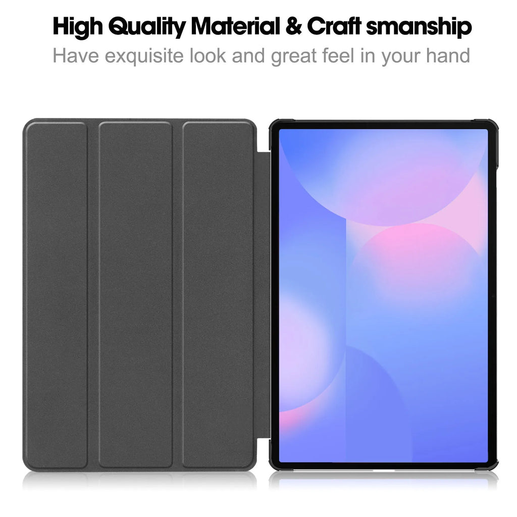 Samsung Tab S10 FE Plus 13.1-inch leather case in tri-fold stand position showing PC hard shell.