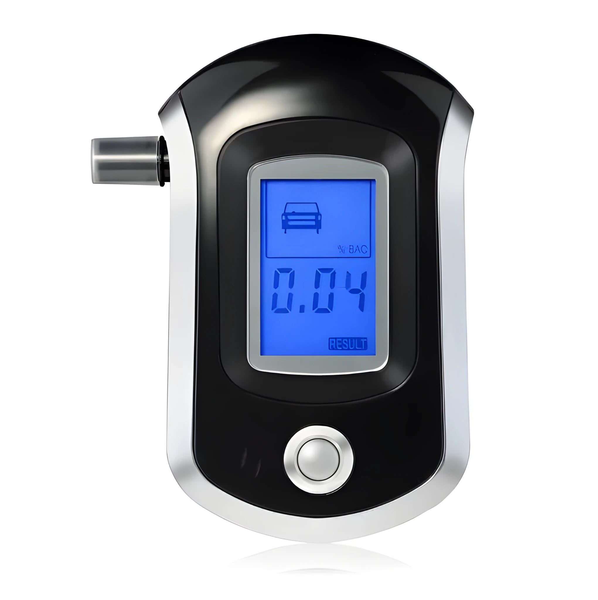 Black portable breath alcohol tester with digital display and five mouthpieces for drink-drive prevention