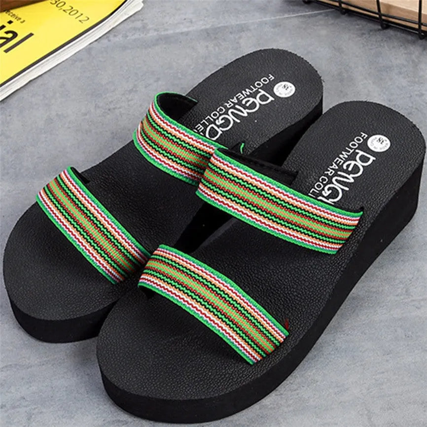Brown women's bohemian slippers with wedge heel and adjustable cross-strap.