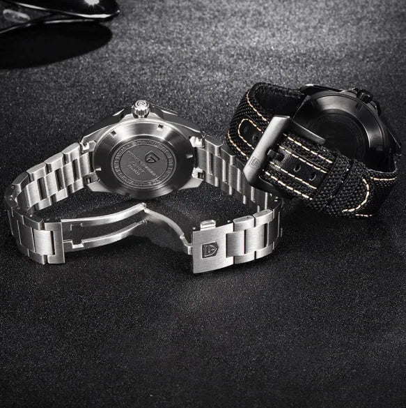 Men's mechanical watch PD-1617 with stainless steel case and strap, silver dial, black details, 14.3mm dial