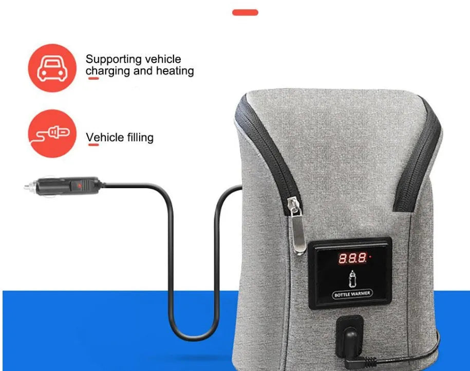 Grey portable baby bottle warmer with digital display for car travel use