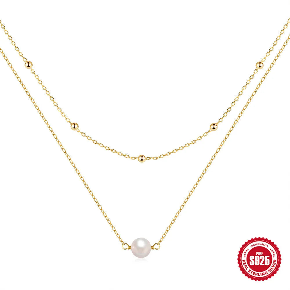 S925 sterling silver double layer necklace with twin pearls on geometric ball bead chain