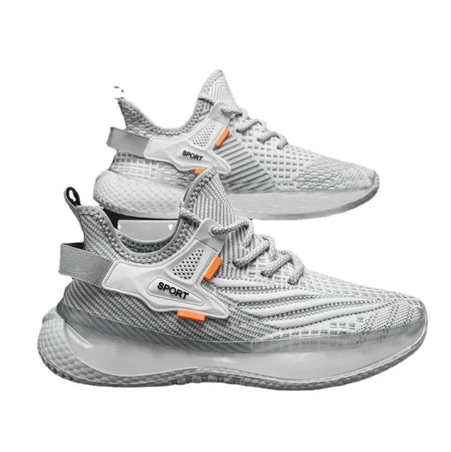 Men's white woven mesh platform sneakers with flat rubber sole and front lace-up design