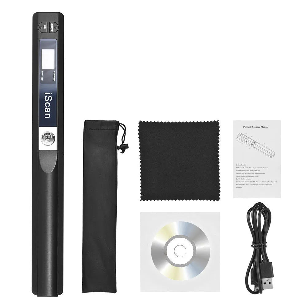 Handheld USB scanner in black, blue, green, red, and silver colour options on a desk.